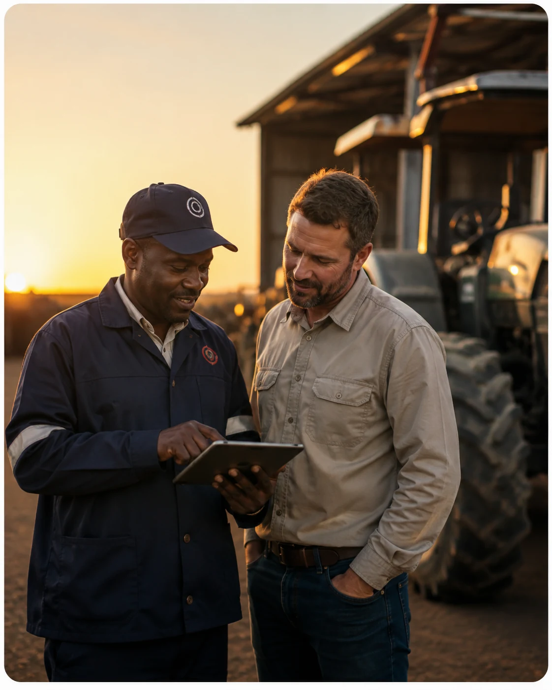 Engol technical advisor and customer reviewing agricultural equipment requirements